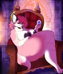  absurd_res anthro big_breasts breasts canid canine canis chair crossed_legs female fur furniture hi_res looking_at_viewer mammal nude pink_body pink_fur sitting solo tactimoose thick_thighs throne wolf 