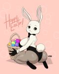  absurd_res anthro basket beastars big_breasts breasts butt clothed clothing container domestic_rabbit dwarf_rabbit easter easter_egg english_text female fur haru_(beastars) hi_res holidays joaoppereiraus lagomorph leporid looking_at_viewer looking_back looking_back_at_viewer mammal oryctolagus rabbit solo text white_body white_fur 