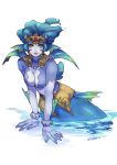  1girl blue_skin breasts cleavage closed_mouth colored_skin earrings jewelry long_hair looking_at_viewer mermaid mesarthim monster_girl saga saga_frontier solo teko_(tawake) yellow_eyes 