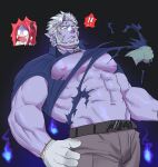  ! 1boy 1girl abs bara bare_pectorals beard belt biceps character_request colored_skin facial_hair forked_eyebrows gilzaren_iii gloves grey_pants highres large_pectorals male_focus mature_male muscular muscular_male mutton_chops navel nijisanji nipples open_clothes open_shirt pants pectorals pointy_ears purple_skin red_eyes short_hair spoken_exclamation_mark stomach tearing_clothes thick_eyebrows torn_clothes vampire virtual_youtuber white_gloves white_hair yakisoba_ohmori 