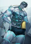  1boy abs bara body_markings boxer_briefs bulge colored_skin commission cyborg erection erection_under_clothes feet_out_of_frame grey_hair grey_skin head_tilt highres jouvru large_pectorals long_hair male_focus male_underwear mature_male muscular muscular_male nipples object_on_bulge original pectorals shampoo_bottle shampoo_challenge solo stomach thick_thighs thighs topless_male underwear underwear_only 