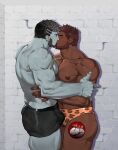  2boys abs absurdres bara beard black_male_underwear blush boxers brown_hair bulge bulge_press bulges_touching collarbone colored_skin commission couple dark-skinned_male dark_skin facial_hair feet_out_of_frame final_fantasy final_fantasy_xiv french_kiss from_side grey_skin hellme_grg highres jaguar_print kiss large_pectorals male_focus male_underwear mature_male multiple_boys muscular muscular_male navel navel_hair nipples pectorals print_male_underwear roegadyn short_hair sideburns thick_thighs thighs topless_male underwear underwear_only yaoi 
