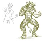  anthro armpit_hair big_muscles bodily_fluids body_hair bovid bovine cidius clothed clothing european_mythology featureless_crotch greek_mythology hooves horn human humanoid male mammal mid_transformation minotaur muscular muscular_male mythology neck_tuft no_pupils nude solo sweat tuft 