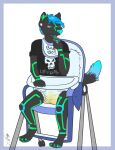  anthro archived_source bib biped bodily_fluids clothed clothing crinkleclop cypher_(diaperedglowwolf) diaper digital_drawing_(artwork) digital_media_(artwork) dipstick_tail fur genital_fluids hair hi_res highchair male markings shirt simple_background sitting solo tail_markings topwear urine wet_diaper wetting 