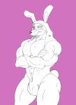  2022 a-side abs anthro big_chest blush blush_lines bruno_(reagan700) bulge bunny_costume canid canine canis clothing costume crossed_arms dobermann domestic_dog easter fake_ears fake_rabbit_ears fullbody_suit hi_res holidays hoodie looking_at_self looking_down looking_down_at_self male mammal muscular pecs pinscher scut_tail short_tail solo standing topwear zipper 
