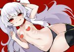  1girl bangs blush bombergirl breasts demon_girl demon_horns grim_aloe horns long_hair looking_at_viewer navel quiz_magic_academy_the_world_evolve red_eyes red_horns shimejinameko small_breasts smile solo thighs twintails white_hair 