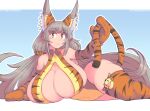  1girl alternate_breast_size animal_ears animal_print bare_shoulders breasts cat_ears chinese_zodiac colored_eyelashes dot_nose elbow_gloves eyebrows_visible_through_hair eyelashes feet_out_of_frame gloves huge_breasts kittenboogers leotard long_hair looking_at_viewer lying nia_(blade)_(xenoblade) nia_(xenoblade) shiny shiny_hair sideboob silver_hair solo tail thick_thighs thighhighs thighs tiger_print tiger_tail tigger very_long_hair winnie_the_pooh xenoblade_chronicles_(series) xenoblade_chronicles_2 year_of_the_tiger yellow_eyes 