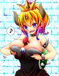  1boy 1girl blonde_hair bowsette breasts brooch choker cleavage crown fang highres humanization jewelry mario_(series) mii_aki new_super_mario_bros._u_deluxe open_mouth personification pointy_ears red_hair smile spiked_choker spikes super_crown tiara 