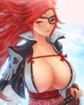  1girl baiken breasts bridal_gauntlets closed_mouth cloud collarbone eyelashes eyepatch eyeshadow facial_mark floating_hair forehead_mark guilty_gear guilty_gear_strive highres katana large_breasts light_particles lips long_hair long_sleeves makeup mcdobo red_eyes red_hair sash scar scar_across_eye solo sword upper_body weapon 
