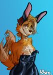  anthro bodily_fluids breasts bunny_costume canid canine clothing costume cum cum_on_breasts cum_on_face fake_ears fake_rabbit_ears fox genital_fluids hi_res latex male male_(lore) mammal nipples protaytoe_(protaytoe) rubber rubber_clothing rubber_suit solo tail_motion tailwag vjsins 
