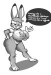  2022 absurd_res anthro awr_hey big_breasts bottomless bottomless_female breasts clothed clothing digital_drawing_(artwork) digital_media_(artwork) disney english_text female fur genitals greyscale hi_res implied_transformation judy_hopps lagomorph leporid mammal monochrome pussy rabbit shaded short_stack solo text zootopia 