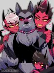  &lt;3 absurd_res ace_(helluva_boss) black_body black_fur black_hair blush canid canid_demon chain chain_leash collar demon fur grey_body grey_fur group hair hellhound helluva_boss hi_res holding_leash holding_object horn humanoid imp josh_(helluva_boss) kat_(helluva_boss) leash male male/male mammal neck_tuft red_body red_eyes red_sclera simple_background spiked_collar spikes tuft vortex_(helluva_boss) white_background white_hair yellow_sclera 