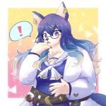  alli_paeonia anthro belt blue_eyes blue_hair blush canid canine colored_nails ear_piercing ear_ring exclamation_point eyewear female fur glasses hair hekate_(tas) hi_res lifewonders long_hair mammal nails overweight piercing solo tokyo_afterschool_summoners video_games white_body white_fur 