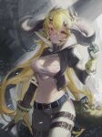  1girl absurdres arknights backlighting bangs belt belt_buckle black_jacket blonde_hair breasts buckle chain cleavage closed_mouth cowboy_shot crop_top cropped_jacket dragon_girl dragon_horns dragon_tail estelle_(arknights) gloves green_gloves grey_pants hair_between_eyes highres horns jacket juliet_sleeves large_breasts long_hair long_sleeves looking_at_viewer navel orange_eyes oripathy_lesion_(arknights) outdoors pants puffy_sleeves rain scar scar_on_face scar_on_nose solo stomach tail thigh_gap thigh_strap tutututu very_long_hair 