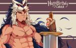  1boy abs armpit_hair bara borrowed_character brown_hair cross_scar dark-skinned_male dark_skin facial_hair goatee happy_birthday highres holding holding_sword holding_weapon hood hood_up long_sideburns looking_at_viewer male_focus mature_male muscular muscular_male nipples orange_eyes original pectorals scar scar_on_chest scar_on_face scar_on_nose short_hair sideburns solo stomach sword thick_eyebrows topless_male upper_body weapon wolf_hood zxanzai 