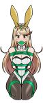  1girl absurdres animal_ears arms_behind_back ball_gag bangs bdsm blonde_hair blush bondage bound bound_arms bound_legs bow bowtie boxtie breast_bondage breasts brown_eyes cleavage collarbone detached_collar fake_animal_ears gag gagged highres improvised_gag kneeling leotard looking_at_viewer mythra_(xenoblade) pantyhose playboy_bunny rabbit_ears rope white_leotard wossarem xenoblade_chronicles_(series) xenoblade_chronicles_2 