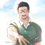  1boy ^_^ bara beckoning blush brown_hair closed_eyes commission glasses green_shirt large_pectorals locksuke male_focus muscular muscular_male original outstretched_hand pectorals reaching_out shirt short_hair sideburns skeb_commission smile solo upper_body 