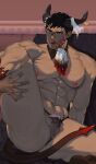  1boy :q abs bara black_hair cross_scar crotch_plate curled_horns demon_horns demon_tail feet_out_of_frame grabbing_own_thigh hellme_grg highres horns jack-o&#039;-lantern large_pectorals looking_to_the_side male_focus muscular muscular_male nipples original pectorals scar seductive_smile short_hair smile solo spread_legs stomach tail thick_thighs thighs tongue tongue_out topless_male 