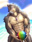  abs anthro ball balls beach beach_ball biceps blush brown_body brown_fur canid canine canis crystal domestic_dog embarrassed eyebrows flaccid foreskin fur genitals hi_res inflatable jewelry lifewonders live-a-hero male mammal muscular muscular_anthro necklace nipples nude pecs penis public public_nudity pubraseer purple_eyes seaside solo thick_eyebrows translucent video_games yom_mido_plus 