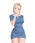  1girl android_18 arm_behind_back blonde_hair blue_dress blue_eyes blush bob_cut collared_dress commentary_request cowboy_shot dragon_ball dress english_commentary hair_behind_ear hand_up highres light_brown_hair long_hair looking_at_viewer monster_l_(hochihochiha) nail_polish pink_nails short_dress short_hair simple_background skin_tight solo tight tight_dress very_long_hair white_background 