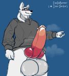  absurd_res anthro balls big_balls big_knot big_penis bodily_fluids bottomless bottomless_male clothed clothing eepdabunner furroi genitals hi_res hoodie hoodie_only izen(fursona) izen_puppyfox knot male musk nervous_smile penis solo sweat topwear topwear_only 
