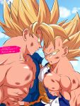  2boys abs armor bara blonde_hair blue_bodysuit bodysuit broken_armor chest_armor closed_mouth cloud day dirty dirty_face dragon_ball dragon_ball_z green_eyes highres large_pectorals looking_at_another male_focus multiple_boys muscular muscular_male nipples outdoors pectorals ponponvegevege saiyan saiyan_armor short_hair sky smile son_goku spiked_hair super_saiyan super_saiyan_1 torn_clothes twitter_username upper_body vegeta 