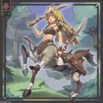  1girl absurdres armor arrow_(projectile) bangs bikini_armor blonde_hair blue_sky border bow_(weapon) breasts centaur cleavage collarbone commentary_request creature dual_wielding full_body grass hand_up harness headgear highres holding holding_sword holding_weapon horse_tail large_breasts lascalis long_hair looking_at_viewer midriff monster_girl multi-tied_hair multicolored_hair multiple_legs navel open_mouth original outline parted_bangs partial_commentary quiver red_eyes red_hair shadow sheath shin_guards shoulder_pads sky sleeping solo standing standing_on_three_legs streaked_hair sword tail taur teeth tree unsheathed upper_teeth weapon white_hair wrist_guards 