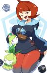  1girl ahoge arezu_(pokemon) breasts brown_bag cowlick diamond_clan_outfit gradient gradient_clothes gradient_legwear heavy_ball highres jellcaps large_breasts one_eye_closed open_mouth pantyhose petilil poke_ball pokemon pokemon_(creature) red_eyes red_hair sabi_(pokemon) 