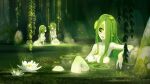  3girls bathing bellaphone breasts colored_nipples colored_sclera colored_skin completely_nude dofus english_commentary floating_breasts flower french_commentary green_eyes green_hair green_lips green_nipples green_sclera green_theme hair_over_one_eye highres large_breasts lily_(flower) long_hair mixed-language_commentary monster_girl multiple_girls nude outdoors partially_submerged solo_focus wading wakfu water web_address white_skin xaxaxa 