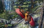  3_toes anthro avian beak bird breasts cardinal_(bird) claws detailed detailed_background digitigrade feathered_wings feathers featureless_breasts feet female feral nude oscine passerine plant red-izak redwood_tree rock scutes solo stone_bridge toe_claws toes tree winged_arms wings 