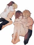  1boy 1girl abs artist_name barefoot blonde_hair blue_eyes bottomless brown_hair cloud_strife couple english_commentary feet final_fantasy final_fantasy_vii final_fantasy_vii_remake girl_on_top highres hug hug_from_behind long_hair looking_at_another maiii_(smaii_i) pants red_eyes shirt spiked_hair tifa_lockhart topless_male twitter_username white_background white_shirt 