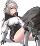  1girl absurdres arknights armor bangs black_cape black_skirt breasts cape chewycandy commentary fartooth_(arknights) greaves grey_hair headgear high-waist_skirt highres long_hair looking_at_viewer pencil_skirt shirt simple_background sitting skirt small_breasts solo thighs vambraces white_background white_shirt yellow_eyes 