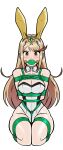  1girl absurdres animal_ears arms_behind_back ball_gag bangs bdsm blonde_hair blush bondage bound bound_arms bound_legs bow bowtie boxtie breast_bondage breasts brown_eyes cleavage collarbone detached_collar fake_animal_ears gag gagged highres improvised_gag kneeling leotard looking_at_viewer mythra_(xenoblade) nintendo playboy_bunny rabbit_ears rope white_leotard wossarem xenoblade_chronicles_(series) xenoblade_chronicles_2 
