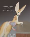  3d_(artwork) absurd_res anthro belly big_belly bodily_fluids canid canine crumpets_fennec crumpetsfennec cum cum_in_a_cup dialogue digital_media_(artwork) easter egg egg_hunt egg_in_ass egg_insertion english_text fennec fox genital_fluids hi_res holidays huge_penetration male mammal oviposition penetration solo text 