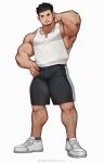  1boy armpits bara black_hair blush commentary_request facial_hair highres large_pectorals male_focus mature_male muscular muscular_male mustache open_mouth original pectorals peterhl short_hair shorts sidepec solo spiked_hair stubble tank_top white_tank_top 