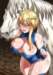  ahoge artoria_pendragon bestiality big_breasts blonde_hair breasts breath cleavage cleavage_cutout clothed clothing crown curvaceous curvy_figure duo equid equine eyebrow_through_hair eyebrows f.w.zholic fate_(series) female feral french_braid green_eyes hair hi_res horse huge_breasts human human_on_feral imminent_bestiality imminent_sex interspecies lancer_artoria_pendragon leotard long_hair looking_at_viewer male male/female mammal mane mature_female naughty_face open_mouth panting sex smile standing standing_sex thick_thighs tied_hair translucent translucent_hair voluptuous wide_hips 