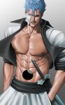  1boy abs arrancar bleach blue_eyes blue_hair bone collared_jacket cowboy_shot cropped_jacket evil_grin evil_smile eyeliner grimmjow_jaegerjaquez grin hand_in_pocket highres hole_on_body makeup male_focus muscular muscular_male narrowed_eyes nipples obliques open_clothes pectorals short_eyebrows short_hair sinichi_okazaki sleeves_rolled_up smile solo sword v-shaped_eyebrows veiny_arms weapon 