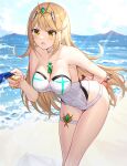  1girl arm_behind_back bad_food bangs bare_arms bare_shoulders bento blonde_hair blush breasts casual_one-piece_swimsuit cleavage commentary covered_navel day duplicate eyebrows_visible_through_hair fingernails headpiece heart highres holding horizon jewelry large_breasts leaning_forward long_hair looking_at_viewer mythra_(xenoblade) ocean one-piece_swimsuit open_mouth outdoors pixel-perfect_duplicate ring ririko_(zhuoyandesailaer) skindentation solo standing swimsuit thigh_strap v-shaped_eyebrows very_long_hair water wavy_mouth white_swimsuit xenoblade_chronicles_(series) xenoblade_chronicles_2 yellow_eyes 