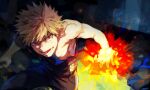  1boy angry artist_name bakugou_katsuki bangs black_pants blonde_hair blue_shirt boku_no_hero_academia cowboy_shot dark_background fireball looking_at_viewer lower_teeth male_focus open_mouth pants red_eyes shirt short_hair solo spiked_hair teeth torn_clothes torn_shirt twitter_username v-shaped_eyebrows yukibi_(ykb) 