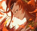  &gt;:) 1girl azeyma blush circlet face final_fantasy final_fantasy_xiv fire glaa_da hair_ornament long_hair looking_ahead orange_eyes parted_lips portrait profile red_hair smile solo sweat v-shaped_eyebrows 