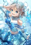  1girl absurdres bangs birthday blue_eyes bubble commentary detached_sleeves earrings eyebrows_visible_through_hair highres jewelry koi_ni_naritai_aquarium light_brown_hair looking_at_viewer love_live! love_live!_sunshine!! midriff navel ponpon_rabbit salute short_hair smile solo underwater watanabe_you 