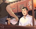  2boys alcohol bara beer beer_mug black_hair blush commentary_request cup food food_stand gentle2nd glass holding male_focus mature_male mug multiple_boys muscular muscular_male open_mouth original shirt short_hair smile white_shirt 