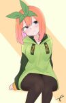  1girl bangs black_legwear blue_eyes blush brown_background closed_mouth commentary eyebrows_behind_hair feet_out_of_frame go-toubun_no_hanayome green_hoodie green_ribbon hair_between_eyes hair_ribbon head_tilt highres hood hood_down hoodie kujou_karasuma long_sleeves nakano_yotsuba orange_hair pantyhose puffy_long_sleeves puffy_sleeves ribbon signature sitting sleeves_past_wrists smile solo two-tone_background 