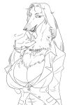  2015 5_fingers anthro big_breasts biped borzoi breasts button_(fastener) canid canine canis claws cleavage clothed clothing digital_media_(artwork) domestic_dog female finger_claws fingers floppy_ears fur hair hand_behind_back hunting_dog jacket jewelry kazuhiro kemono long_ears long_hair long_snout mammal monochrome neck_tuft necklace open_mouth sharp_teeth shirt sighthound simple_background snout solo teeth tight_clothing topwear tuft white_background 