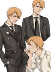  1boy bangs black_necktie black_suit bleach buttons collared_shirt cowboy_shot cropped_torso double-breasted formal frown furrowed_brow hands_in_pockets head_on_head head_rest highres kurosaki_ichigo male_focus multiple_views necktie noriarchives orange_hair pocket_square shirt short_hair simple_background sleeves_folded_up solo suit swept_bangs white_background white_shirt 