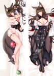  1girl amagi_(azur_lane) amagi_(wending_waters_serene_lotus)_(azur_lane) animal_ear_fluff animal_ears azur_lane ball bare_legs bed_sheet bikini breasts brown_hair cleavage dakimakura_(medium) fox_ears fox_girl fox_tail large_breasts long_hair looking_at_viewer lying moeanime multiple_tails official_alternate_costume on_back on_bed on_side smile swimsuit tail 