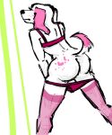  absurd_res anthro bra butt butt_focus canid canine canis clothed clothing dipstick_tail domestic_dog eyelashes female floppy_ears franki fur hair hi_res legwear mammal markings partially_clothed pink_body pink_clothing pink_ears pink_fur pink_hair pink_stockings pink_tail pink_underwear simple_background sketch solo spots stockings tail_markings underwear underwear_down white_background 