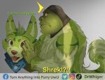  2022 blep bodily_fluids canid canine canis caught clothed clothing costume dialogue dr.whiger dreamworks english_text frown fur fursuit grey_background hair hi_res holding_object humanoid humor male mammal neckerchief offscreen_character ogre shrek_(character) shrek_(series) simple_background solo standing sweat text tongue tongue_out tuft watermark wolf 