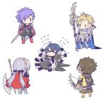  1girl 3boys areadbhar_(fire_emblem) armor artist_request axe blonde_hair bow_(weapon) byleth_(fire_emblem) byleth_(fire_emblem)_(male) cape chibi closed_mouth crying dark-skinned_male dark_skin dimitri_alexandre_blaiddyd edelgard_von_hresvelg failnaught_(fire_emblem) fire_emblem fire_emblem:_three_houses fire_emblem_warriors fire_emblem_warriors:_three_hopes gloves hair_ornament hair_over_one_eye hair_ribbon holding holding_weapon long_hair long_sleeves medium_hair multiple_boys official_alternate_costume official_alternate_hairstyle patterned_legwear polearm purple_eyes purple_hair red_cape ribbon shez_(fire_emblem) shez_(fire_emblem)_(male) short_hair simple_background spear twintails weapon white_background white_hair 