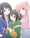  3girls :d alternate_hairstyle bags_under_eyes bangs black_hair blue_hoodie casual character_name closed_mouth clothes_writing commentary_request eyebrows_visible_through_hair green_eyes green_hoodie grey_shirt grey_skirt hair_between_eyes hand_in_pocket hand_up happy highres hikaru_(ofuton_at5) holding_strap hood hood_down hoodie kuroki_tomoko light_blush long_hair long_sleeves looking_at_viewer low_twintails multiple_girls nemoto_hina official_alternate_costume open_clothes open_hoodie open_mouth pink_hair pink_hoodie ponytail purple_eyes shirt skirt sleeves_past_wrists smile split_mouth sweatdrop tamura_yuri twintails two_side_up upper_body v watashi_ga_motenai_no_wa_dou_kangaetemo_omaera_ga_warui! 